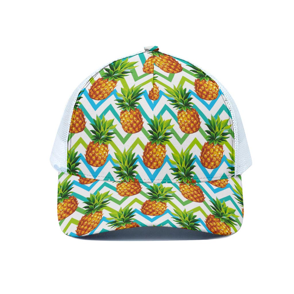 Teal Zig Zag Pineapple Pattern Print White Mesh Trucker Cap