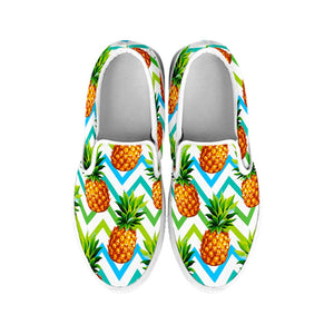 Teal Zig Zag Pineapple Pattern Print White Slip On Sneakers