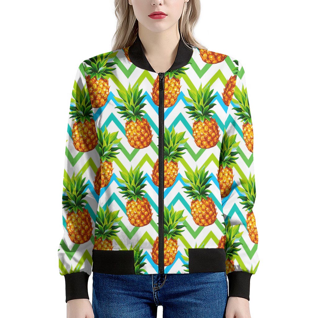 Teal Zig Zag Pineapple Pattern Print Women's Bomber Jacket