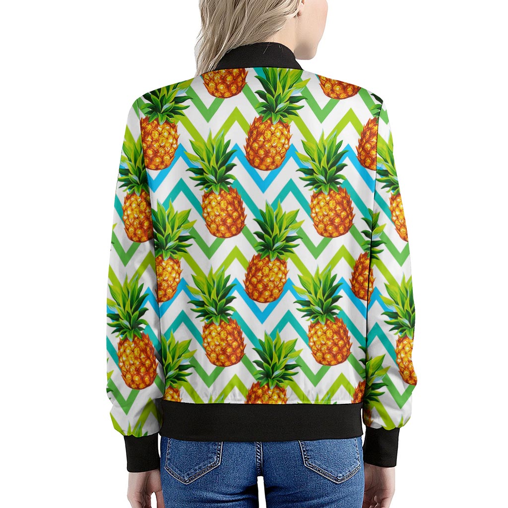 Teal Zig Zag Pineapple Pattern Print Women's Bomber Jacket