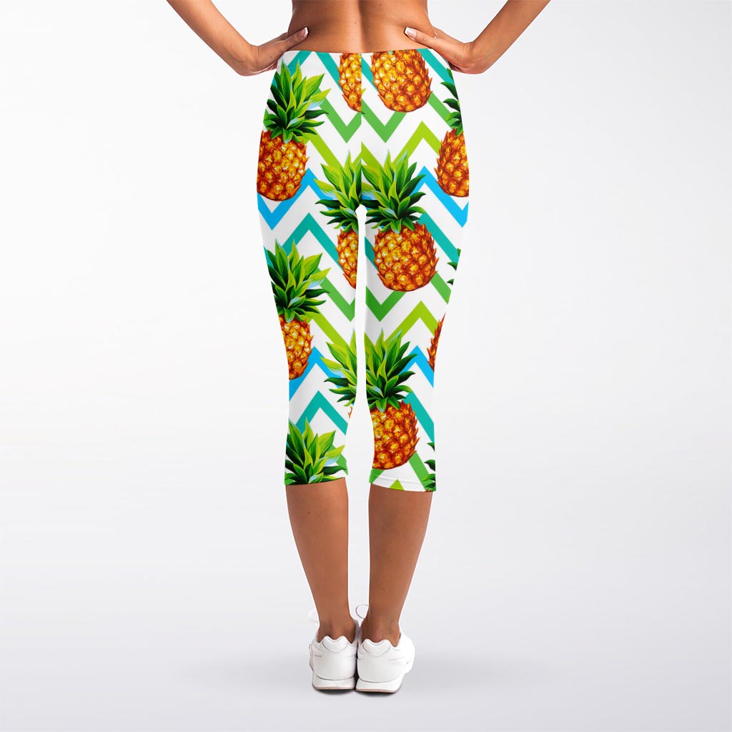 Teal Zig Zag Pineapple Pattern Print Women's Capri Leggings