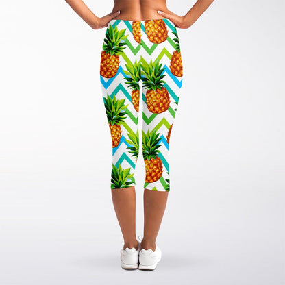 Teal Zig Zag Pineapple Pattern Print Women's Capri Leggings