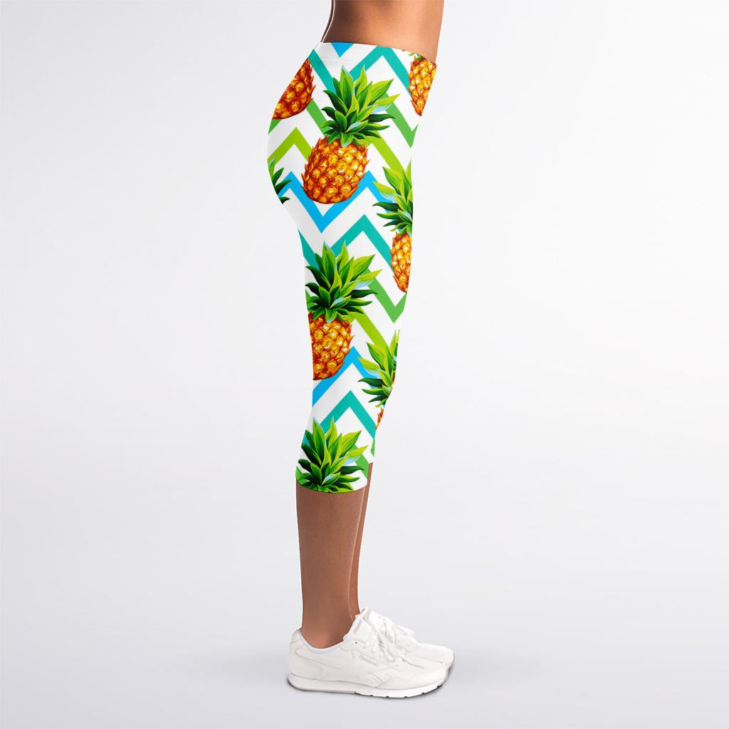 Teal Zig Zag Pineapple Pattern Print Women's Capri Leggings