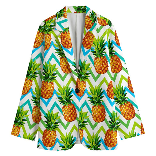 Teal Zig Zag Pineapple Pattern Print Women's Cotton Blazer