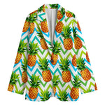 Teal Zig Zag Pineapple Pattern Print Women's Cotton Blazer