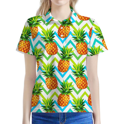 Teal Zig Zag Pineapple Pattern Print Women's Polo Shirt
