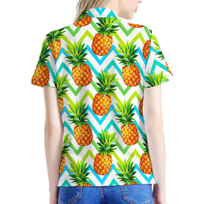 Teal Zig Zag Pineapple Pattern Print Women's Polo Shirt