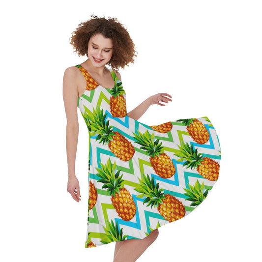 Teal Zig Zag Pineapple Pattern Print Women's Sleeveless Dress