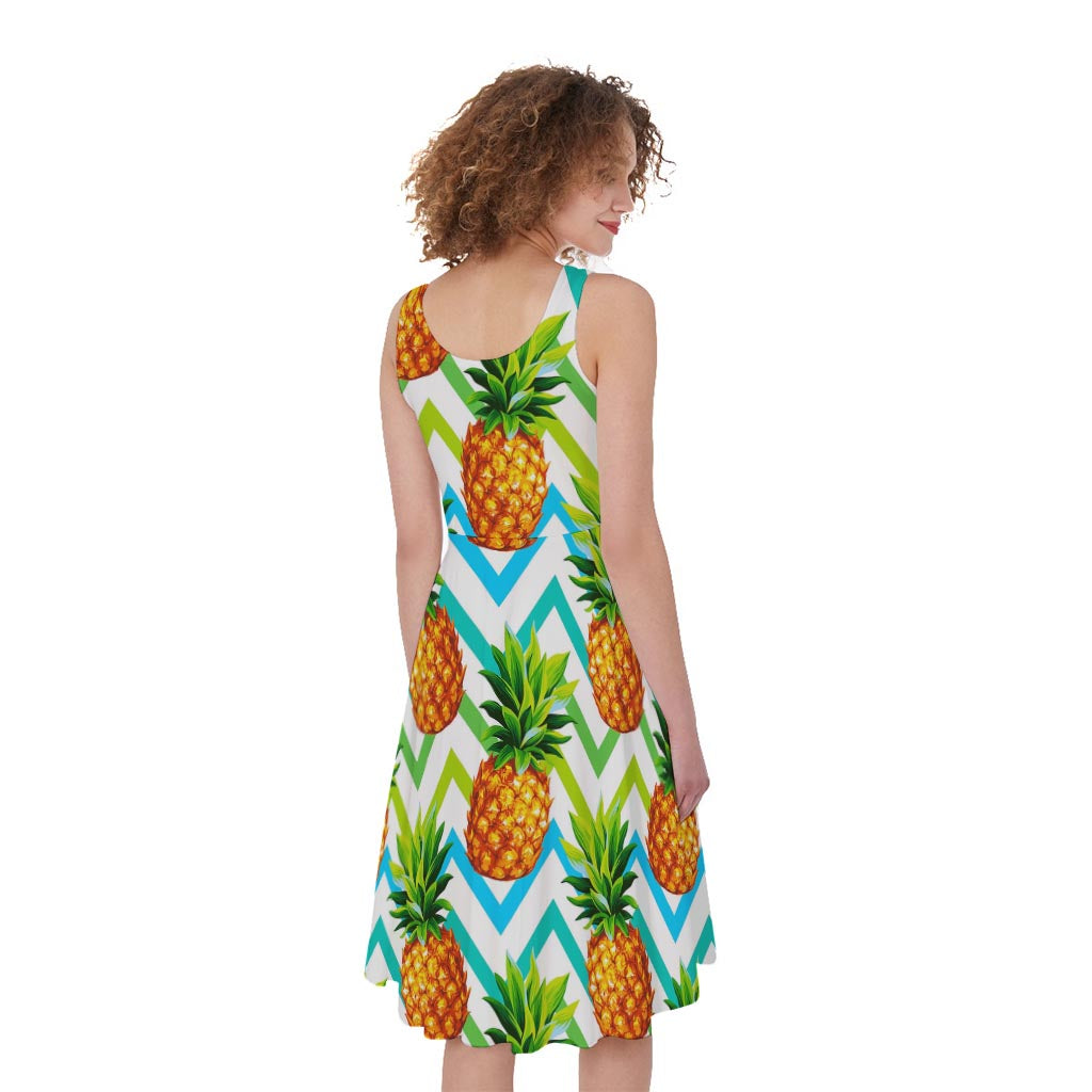 Teal Zig Zag Pineapple Pattern Print Women's Sleeveless Dress