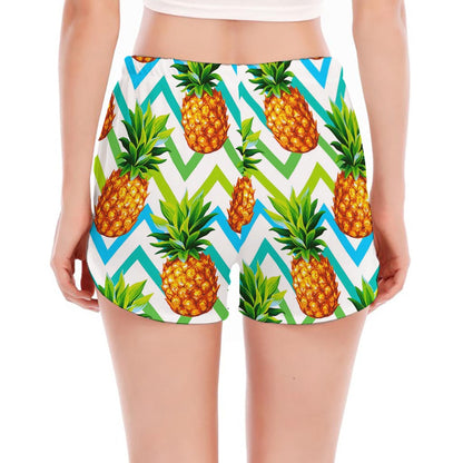 Teal Zig Zag Pineapple Pattern Print Women's Split Running Shorts
