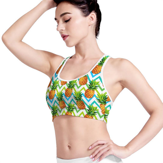 Teal Zig Zag Pineapple Pattern Print Women's Sports Bra