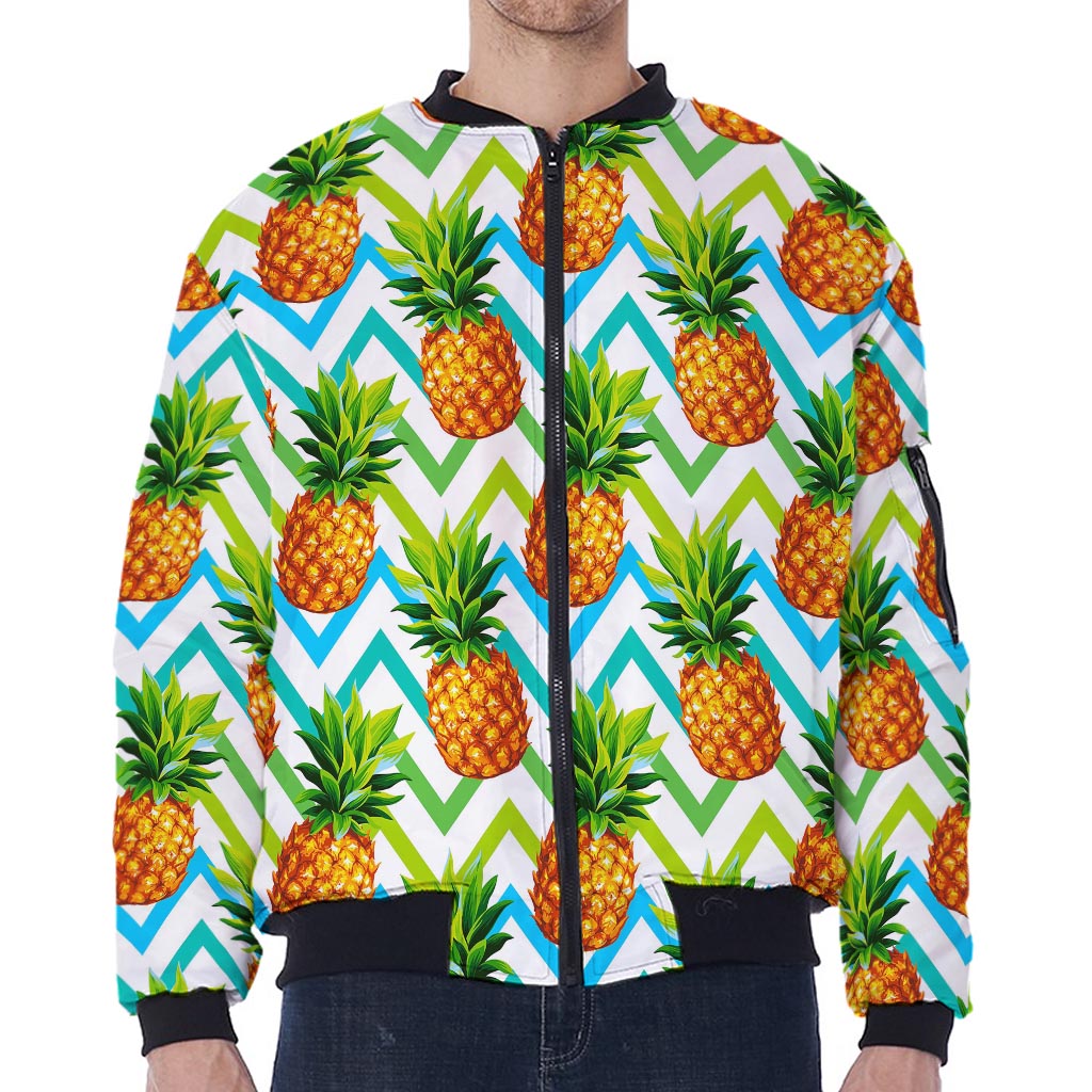 Teal Zig Zag Pineapple Pattern Print Zip Sleeve Bomber Jacket