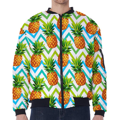 Teal Zig Zag Pineapple Pattern Print Zip Sleeve Bomber Jacket
