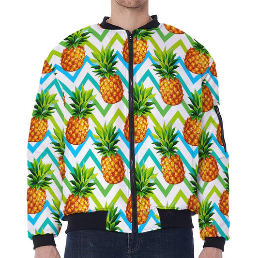 Teal Zig Zag Pineapple Pattern Print Zip Sleeve Bomber Jacket