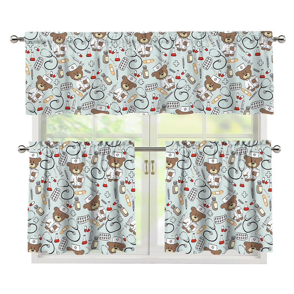 Teddy Bear Doctor Pattern Print 3 Piece Kitchen Curtains