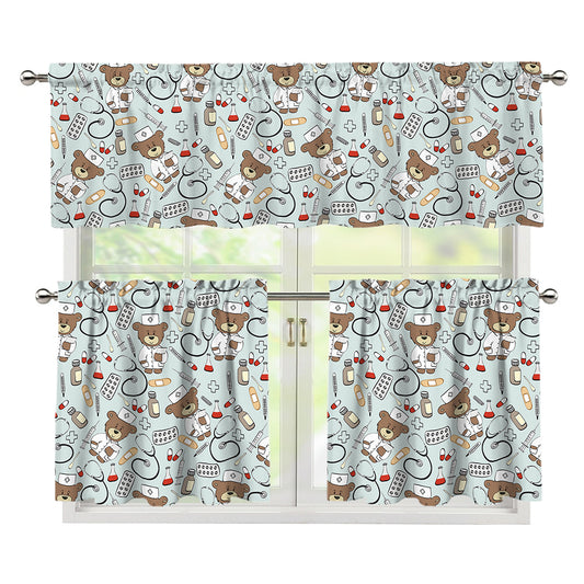 Teddy Bear Doctor Pattern Print 3 Piece Kitchen Curtains