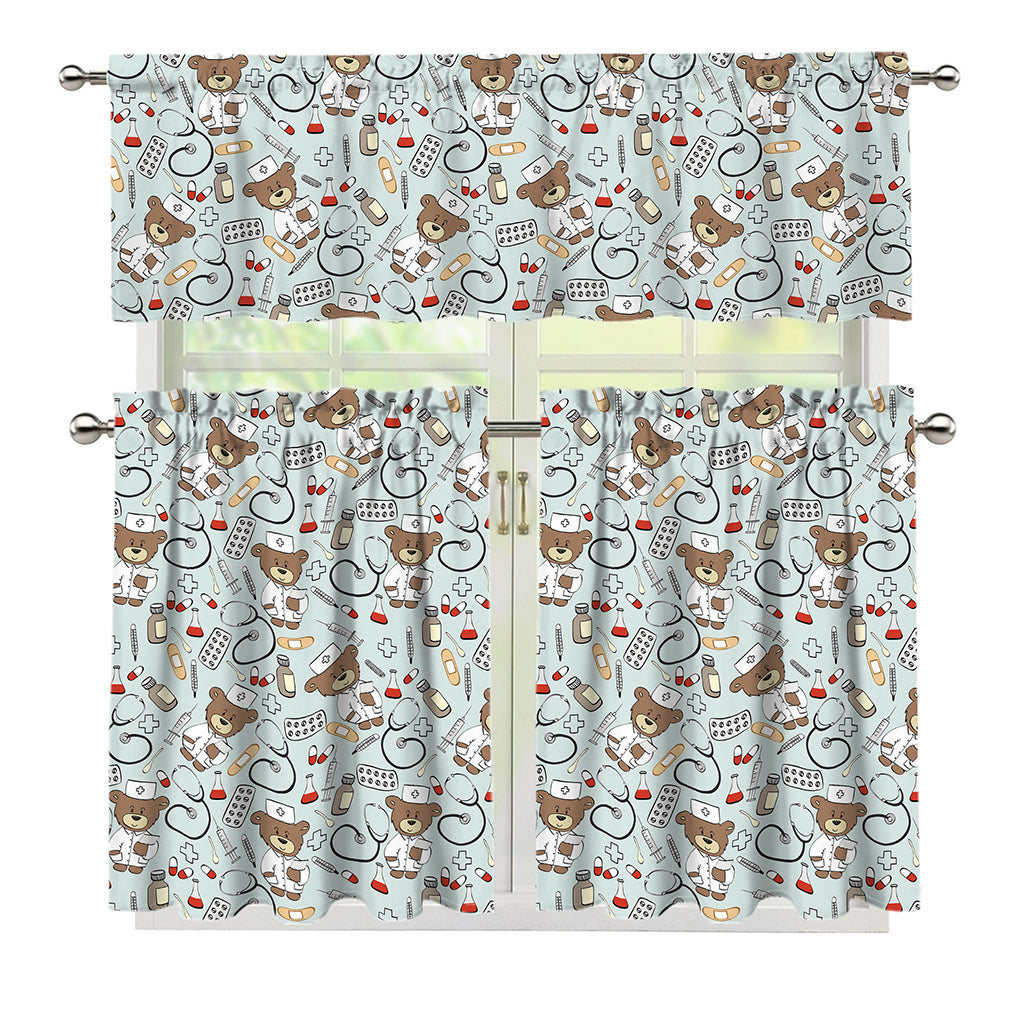 Teddy Bear Doctor Pattern Print 3 Piece Kitchen Curtains