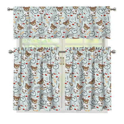 Teddy Bear Doctor Pattern Print 3 Piece Kitchen Curtains