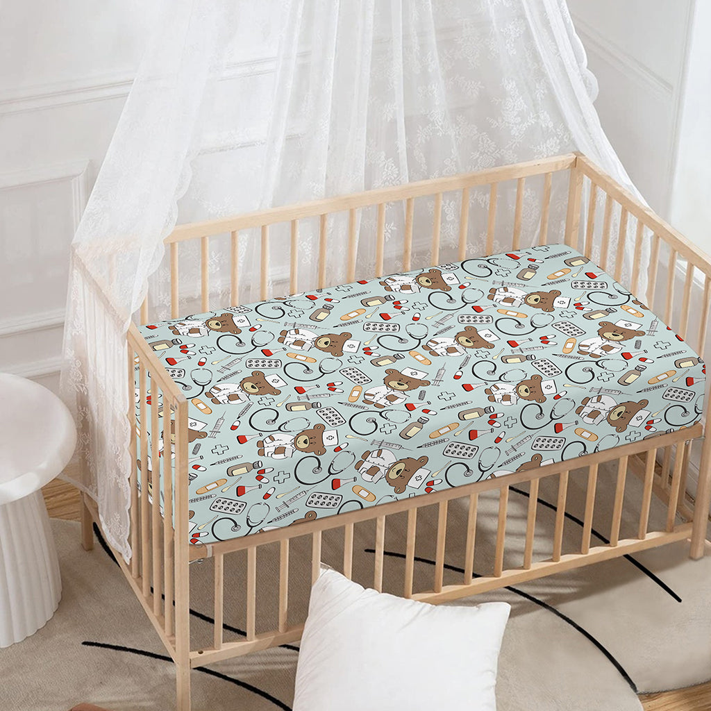 Teddy Bear Doctor Pattern Print Baby Crib Sheet