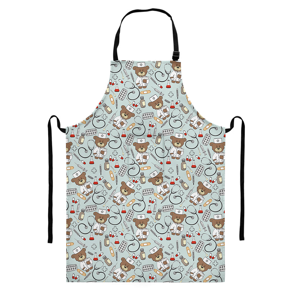 Teddy Bear Doctor Pattern Print Bib Apron With Pocket