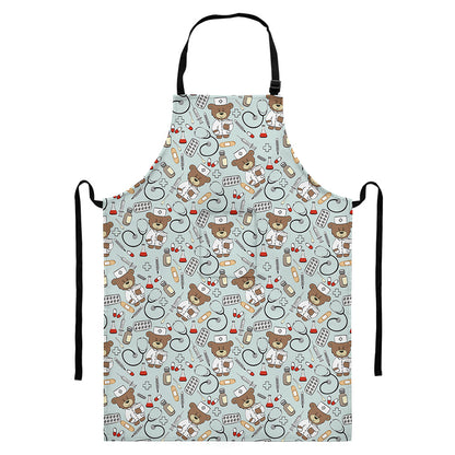 Teddy Bear Doctor Pattern Print Bib Apron With Pocket