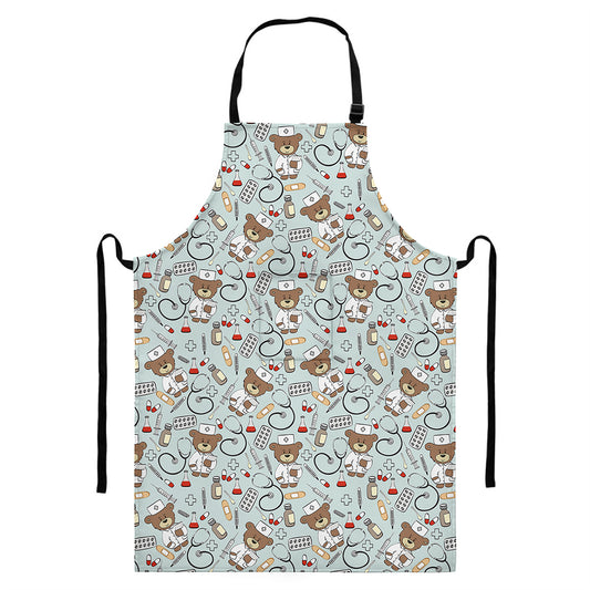 Teddy Bear Doctor Pattern Print Bib Apron With Pocket