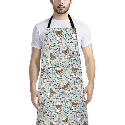 Teddy Bear Doctor Pattern Print Bib Apron With Pocket