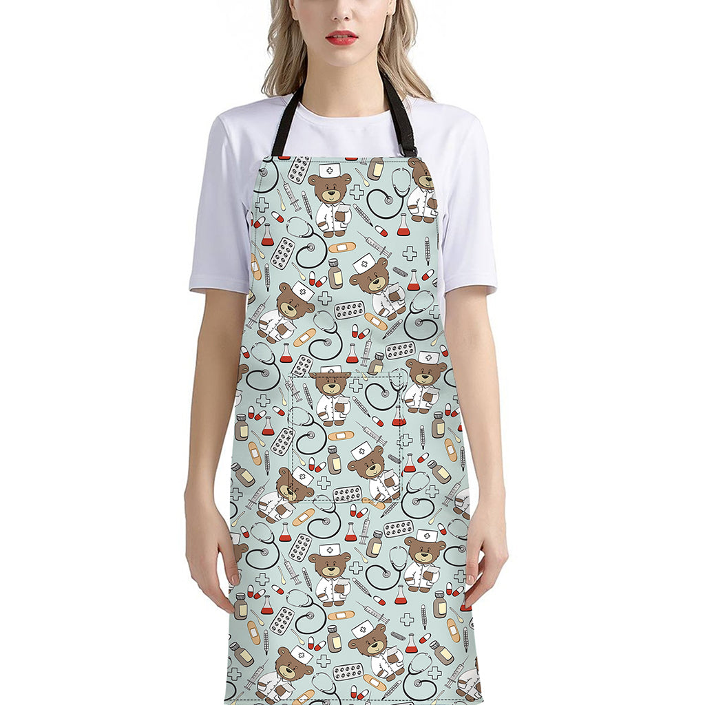 Teddy Bear Doctor Pattern Print Bib Apron With Pocket