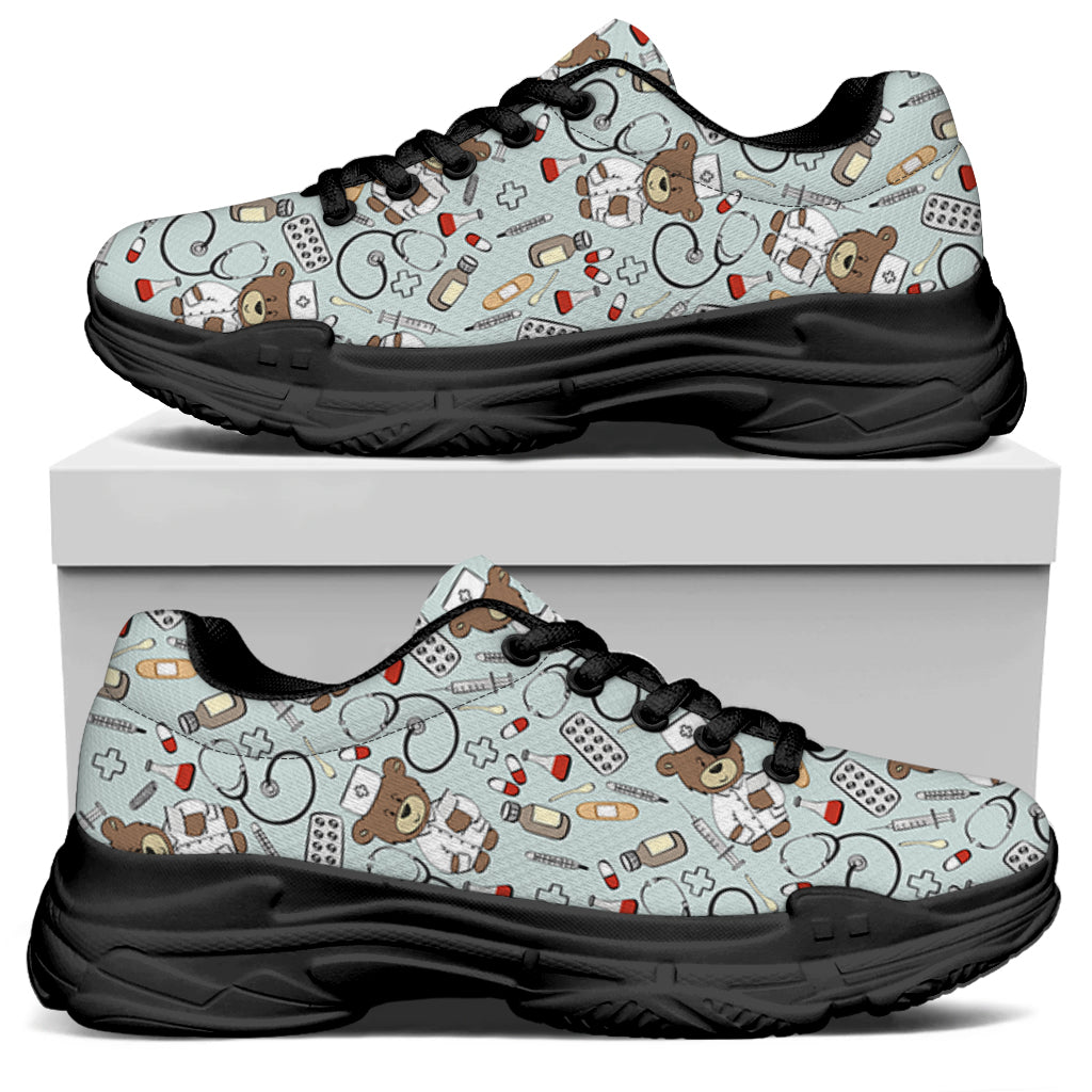 Teddy Bear Doctor Pattern Print Black Chunky Shoes