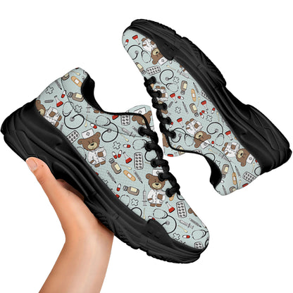Teddy Bear Doctor Pattern Print Black Chunky Shoes
