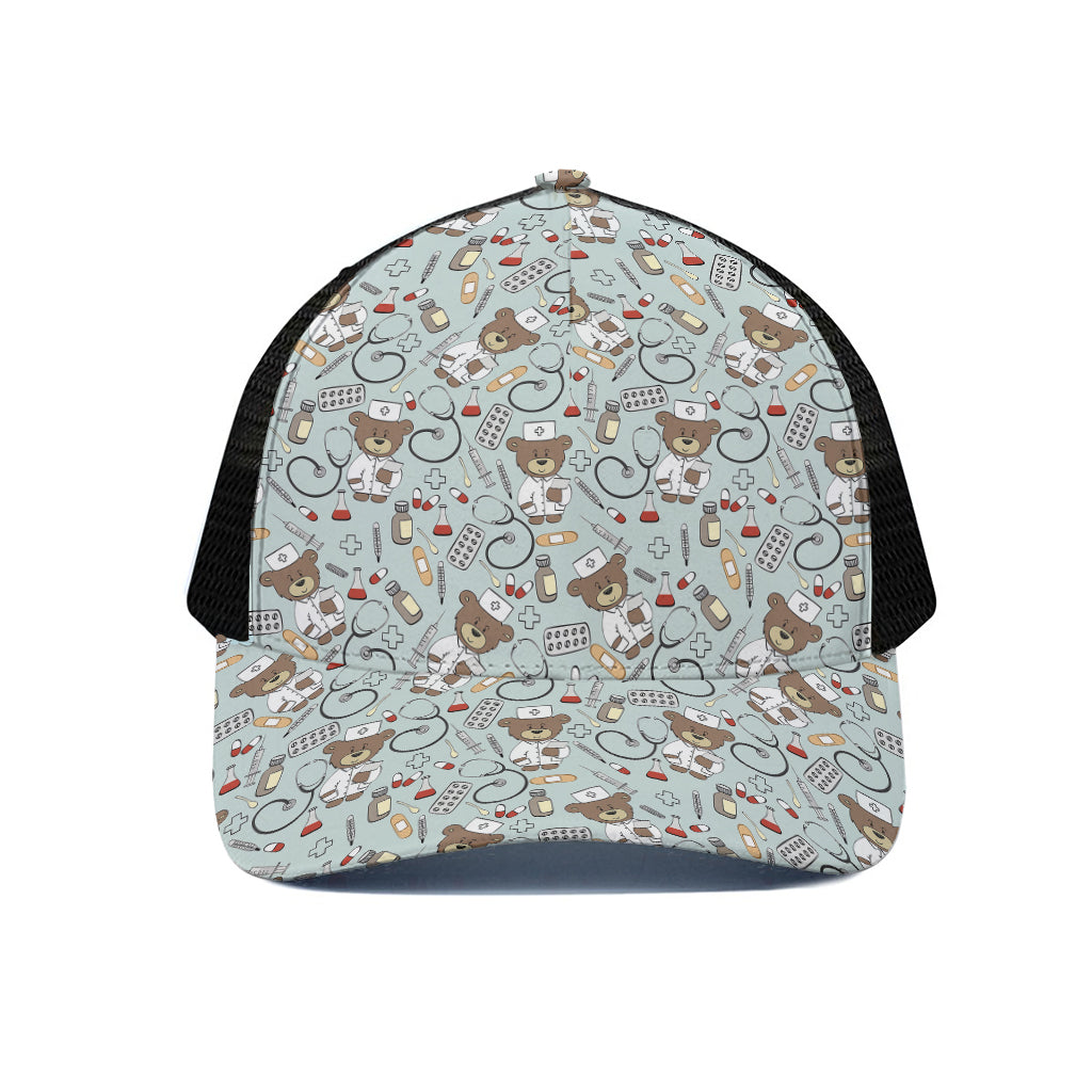 Teddy Bear Doctor Pattern Print Black Mesh Trucker Cap
