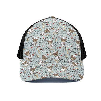 Teddy Bear Doctor Pattern Print Black Mesh Trucker Cap