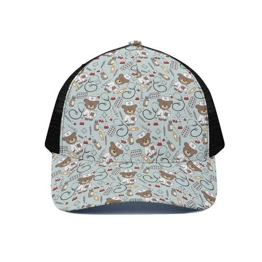 Teddy Bear Doctor Pattern Print Black Mesh Trucker Cap
