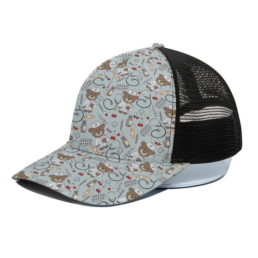 Teddy Bear Doctor Pattern Print Black Mesh Trucker Cap