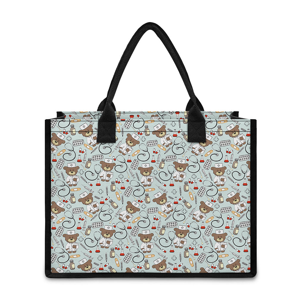 Teddy Bear Doctor Pattern Print Canvas Tote Bag
