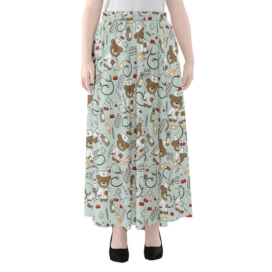 Teddy Bear Doctor Pattern Print Chiffon Maxi Skirt