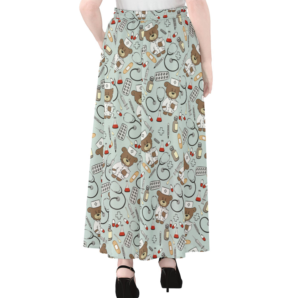 Teddy Bear Doctor Pattern Print Chiffon Maxi Skirt