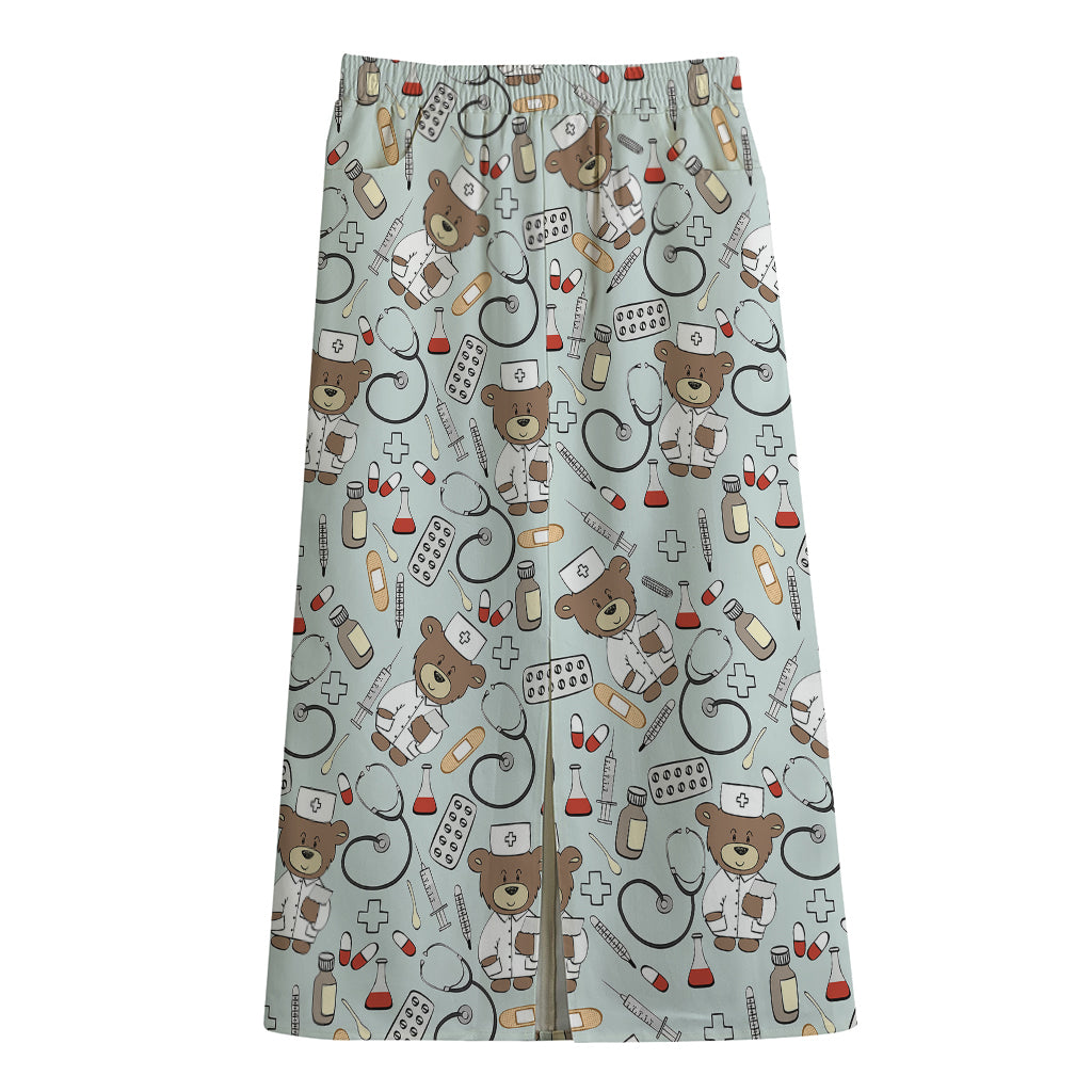 Teddy Bear Doctor Pattern Print Cotton Front Slit Maxi Skirt