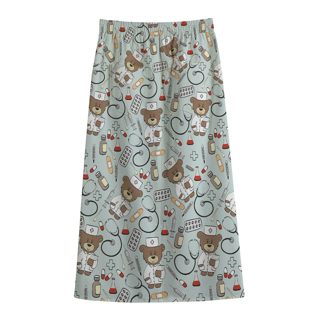 Teddy Bear Doctor Pattern Print Cotton Front Slit Maxi Skirt