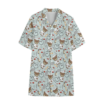 Teddy Bear Doctor Pattern Print Cotton Hawaiian Shirt