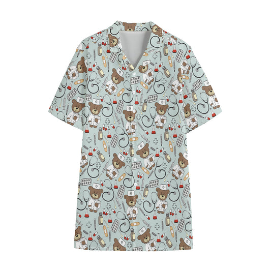 Teddy Bear Doctor Pattern Print Cotton Hawaiian Shirt