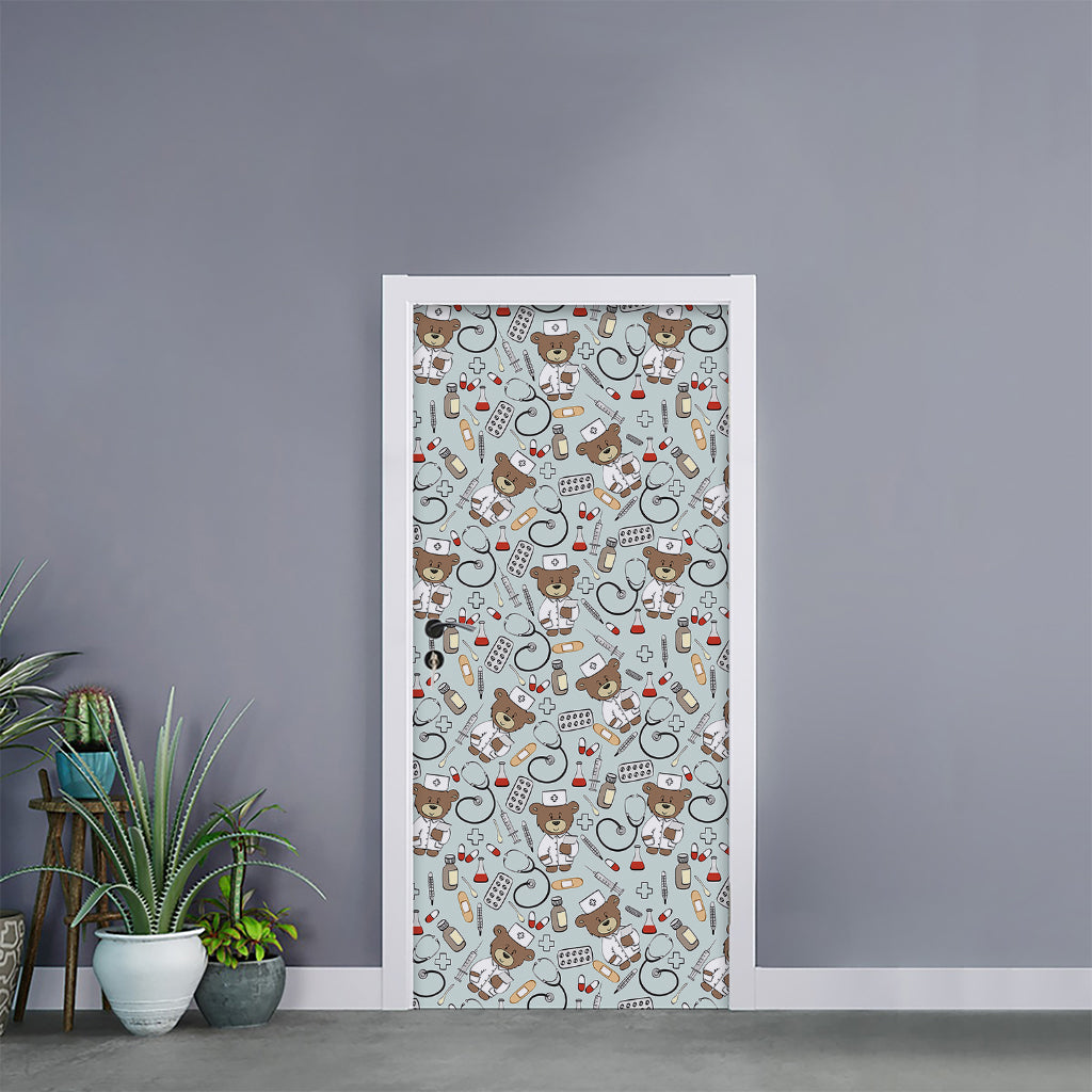 Teddy Bear Doctor Pattern Print Door Sticker