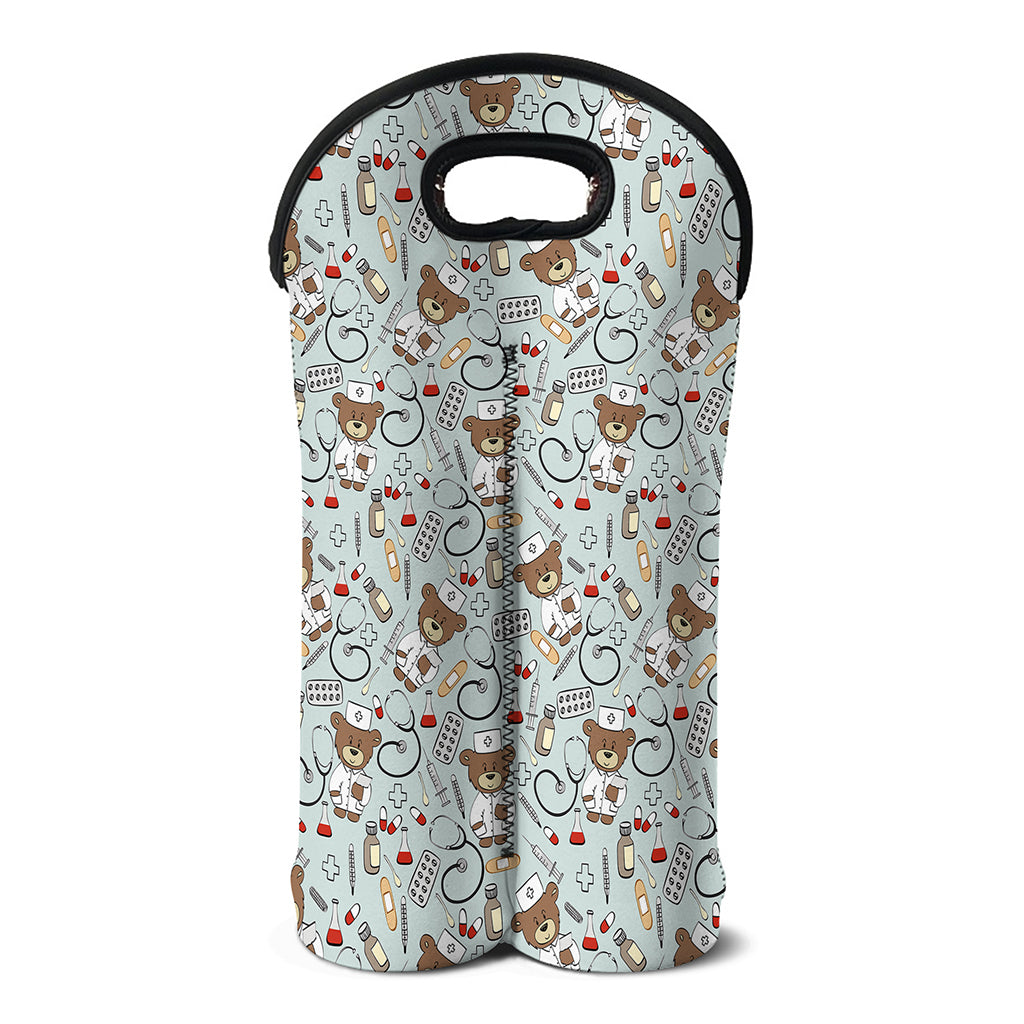 Teddy Bear Doctor Pattern Print Double Neoprene Wine Tote