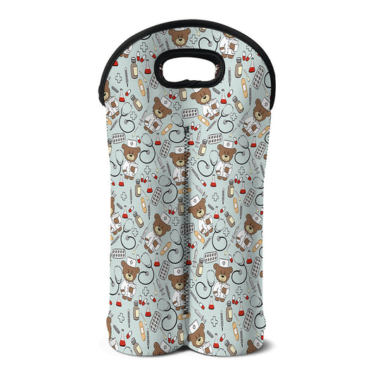 Teddy Bear Doctor Pattern Print Double Neoprene Wine Tote
