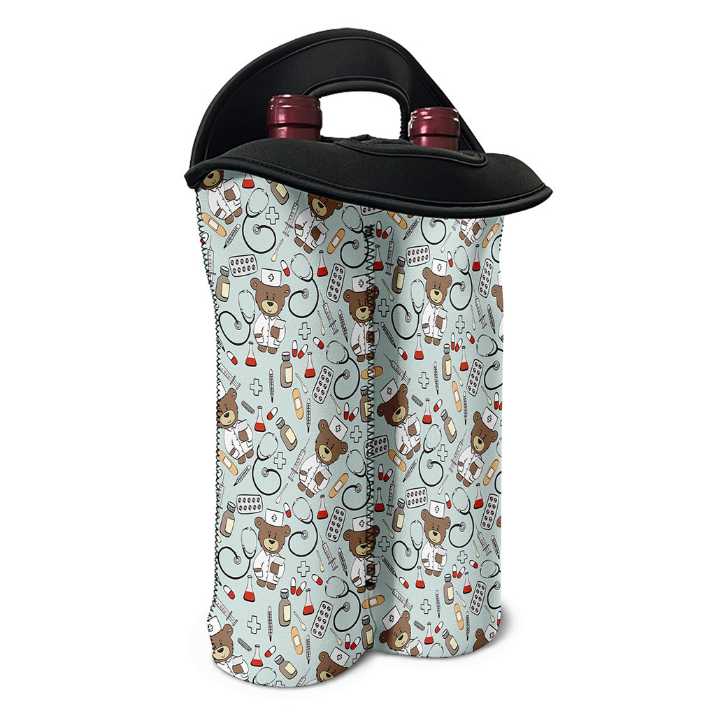 Teddy Bear Doctor Pattern Print Double Neoprene Wine Tote