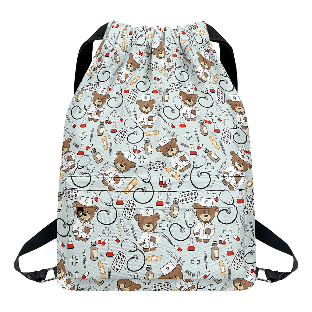 Teddy Bear Doctor Pattern Print Drawstring Backpack
