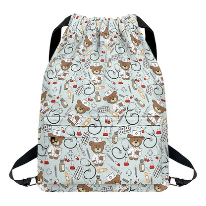 Teddy Bear Doctor Pattern Print Drawstring Backpack
