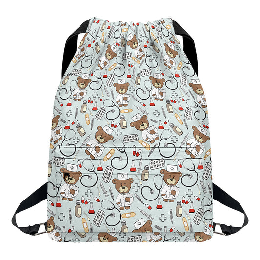 Teddy Bear Doctor Pattern Print Drawstring Backpack
