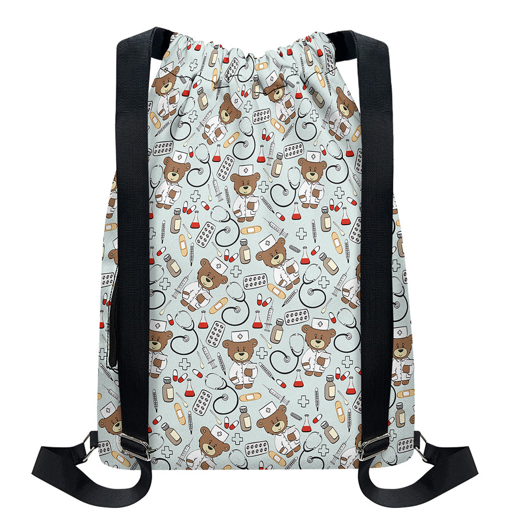Teddy Bear Doctor Pattern Print Drawstring Backpack