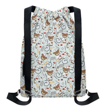Teddy Bear Doctor Pattern Print Drawstring Backpack